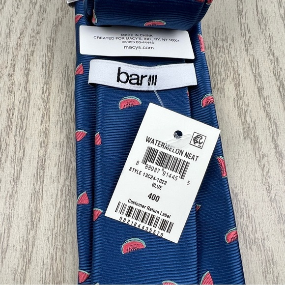 650 Bar III Men's Slim Tie 400 Blue Watermelon Print $55 Silk Poly Blend - Picture 5 of 6